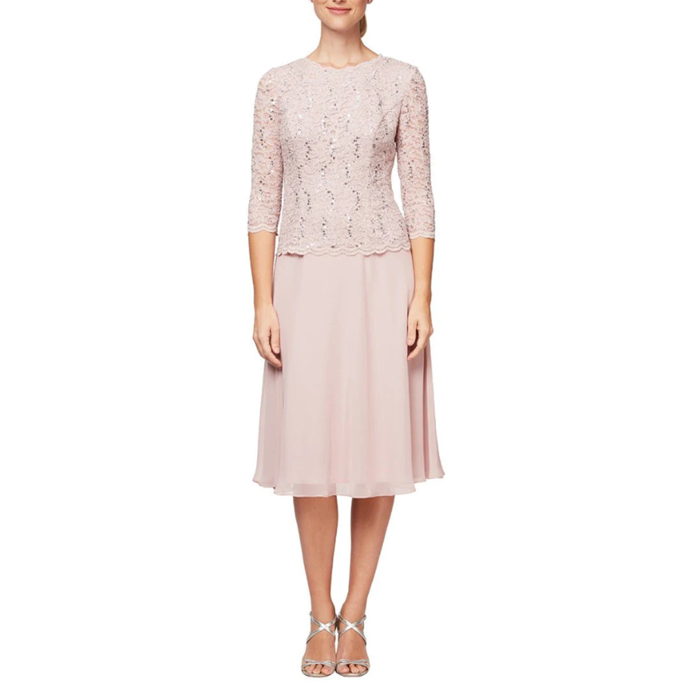 ALEX EVENINGS Sequin Lace Tea-Length Dress 6 Shell Pink Chiffon Skirt NWT